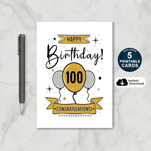 100th Birthday Card With Gold and Silver Balloons