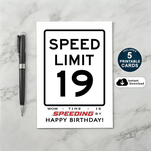 Printable 19th Speed Limit Birthday Card