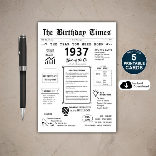 1937 The Year You Were Born PRINTABLE