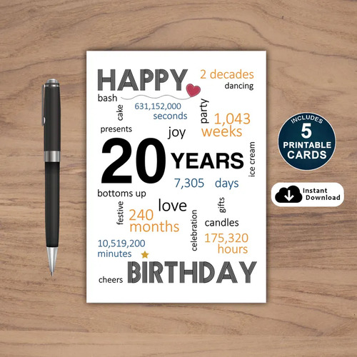 20th Birthday Card Printable