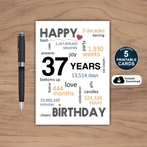 37th Birthday Card Printable