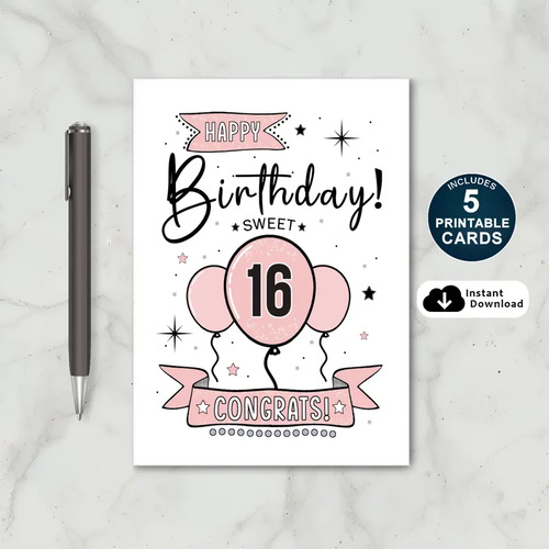 Printable 16th Birthday Card in Pink