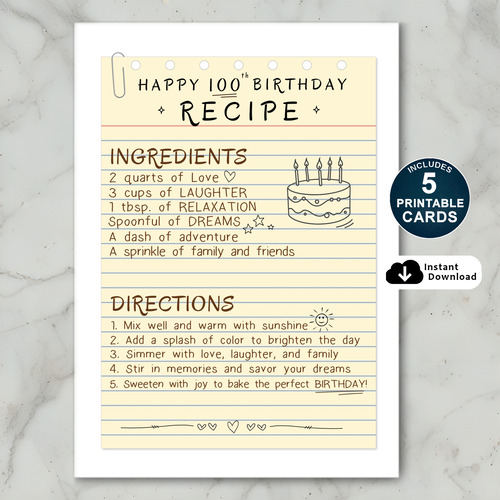 Recipe Birthday Card for Celebrating 100 Years