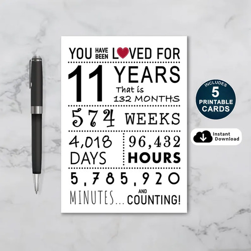 You Have Been Loved 11 Years Printable Birthday Card