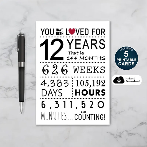 You Have Been Loved 12 Years Printable Birthday Card