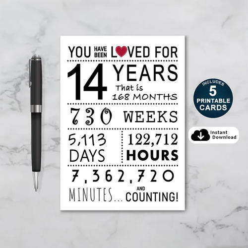 You Have Been Loved 14 Years Printable Birthday Card