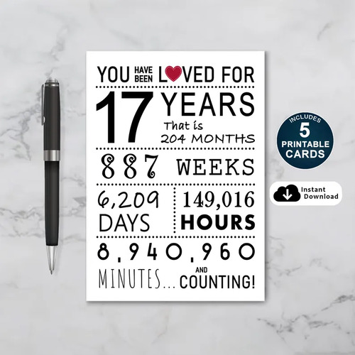 You Have Been Loved 17 Years Printable Birthday Card