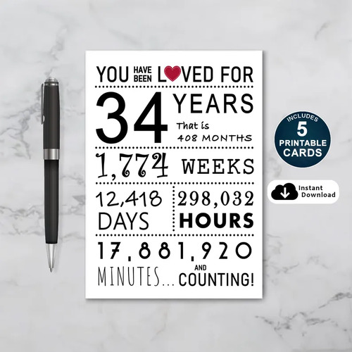 You Have Been Loved 34 Years Printable Birthday Card