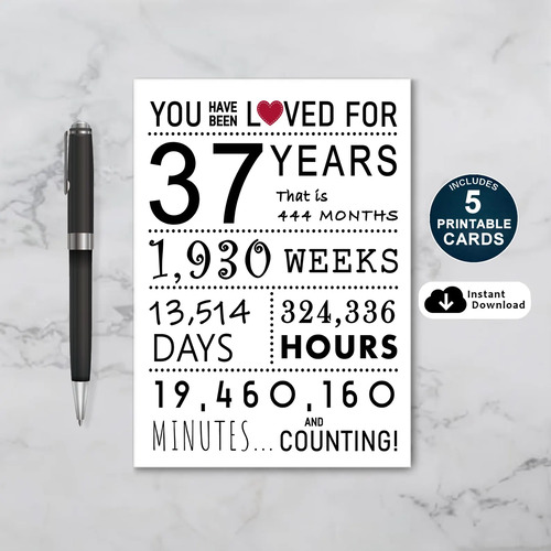 You Have Been Loved for 37 Years Printable Birthday Card